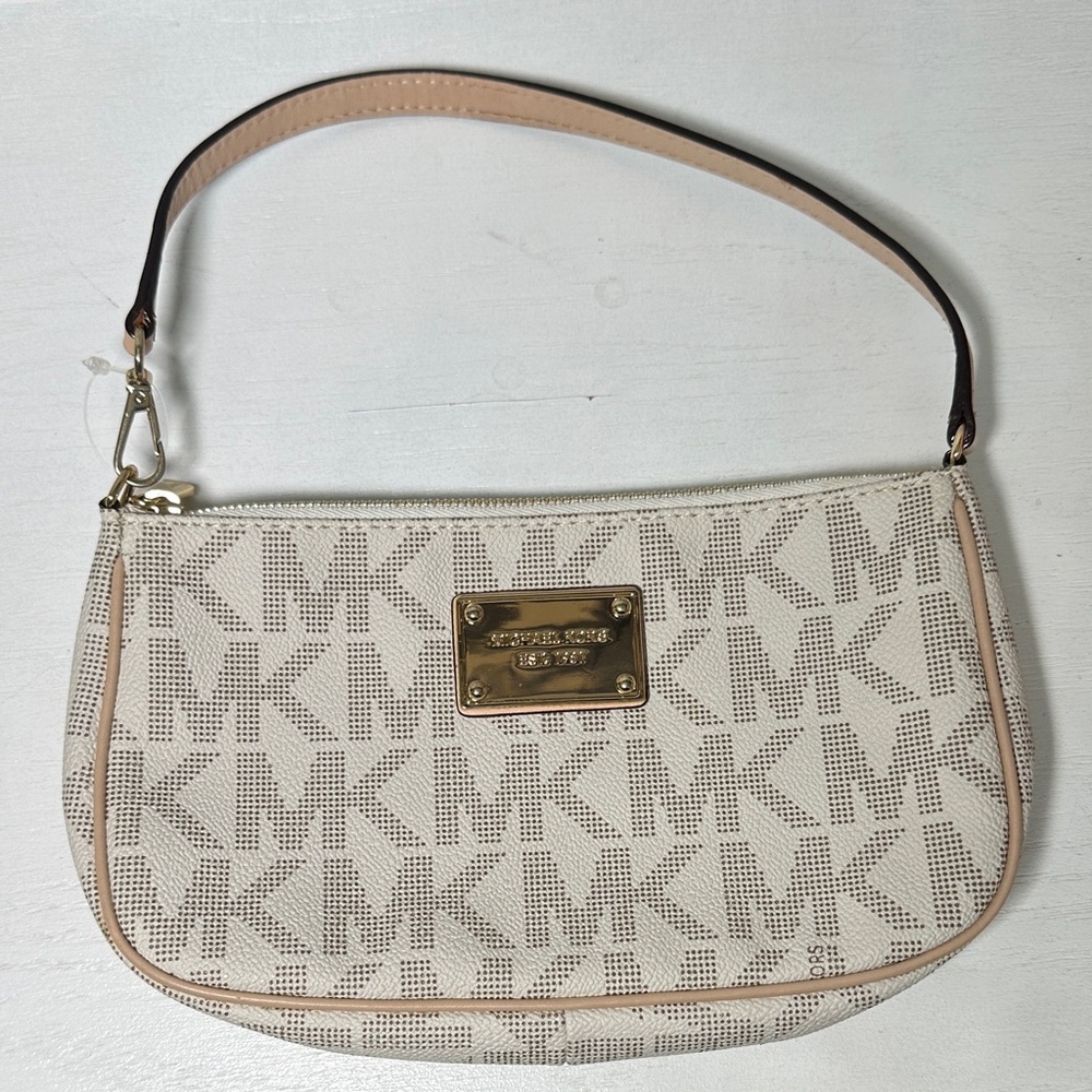 Michael Kors Cream Beige MK Logo Wristlet with Gold Plate